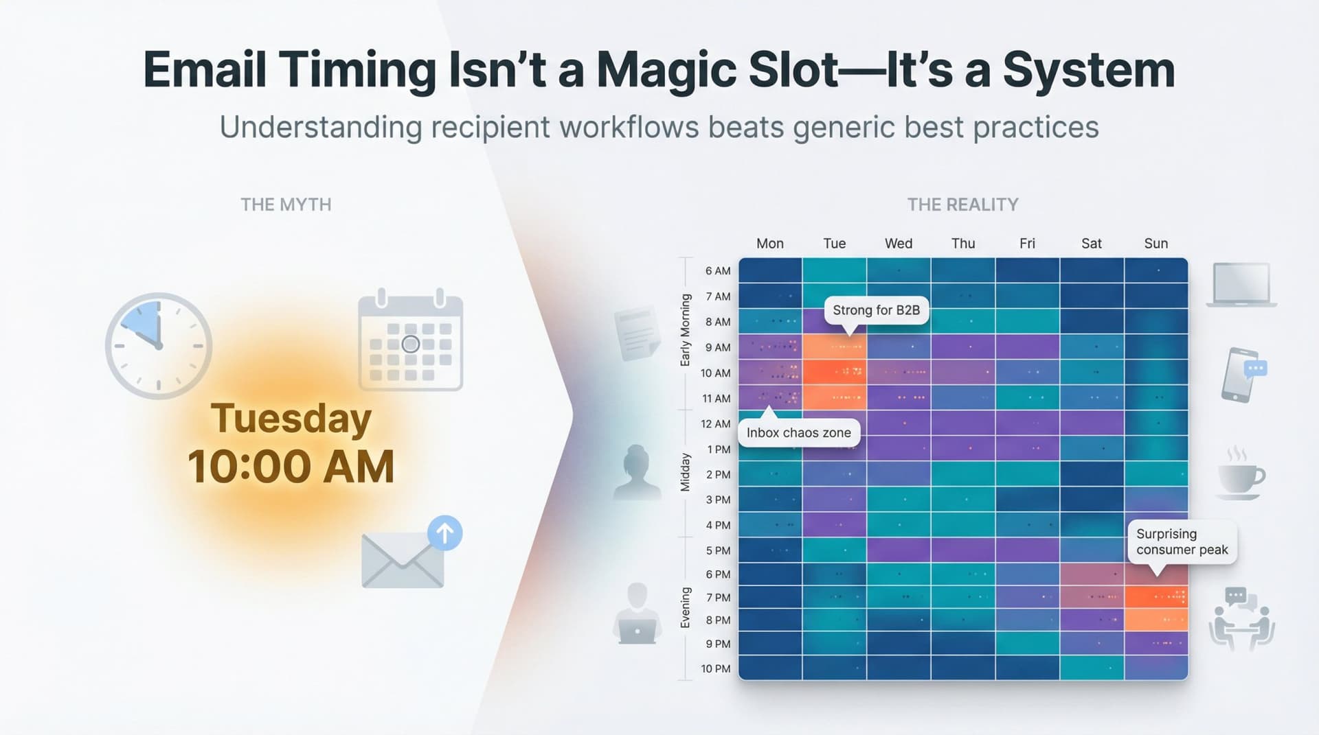 Editorial data visualization contrasting the myth of a single perfect email send time with the reality of varied recipient engagement patterns
